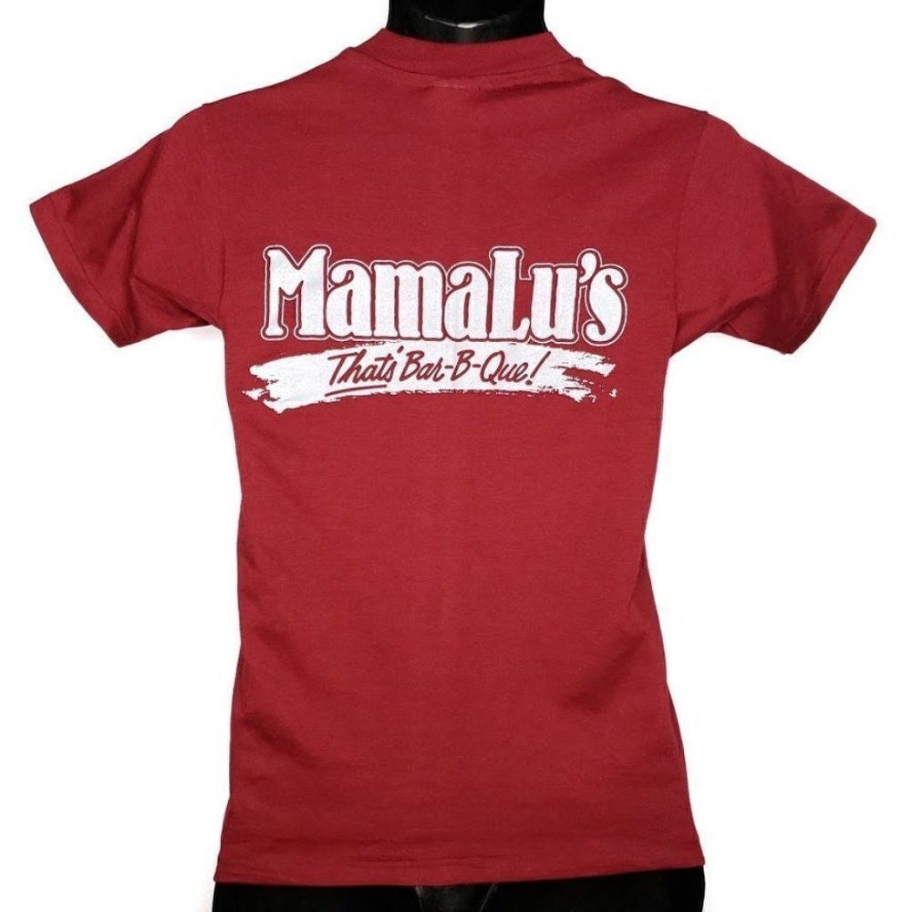 Mama Lus BBQ T Shirt Vintage 80s Ribs 50/50 Made In USA Maroon Mens Size Small